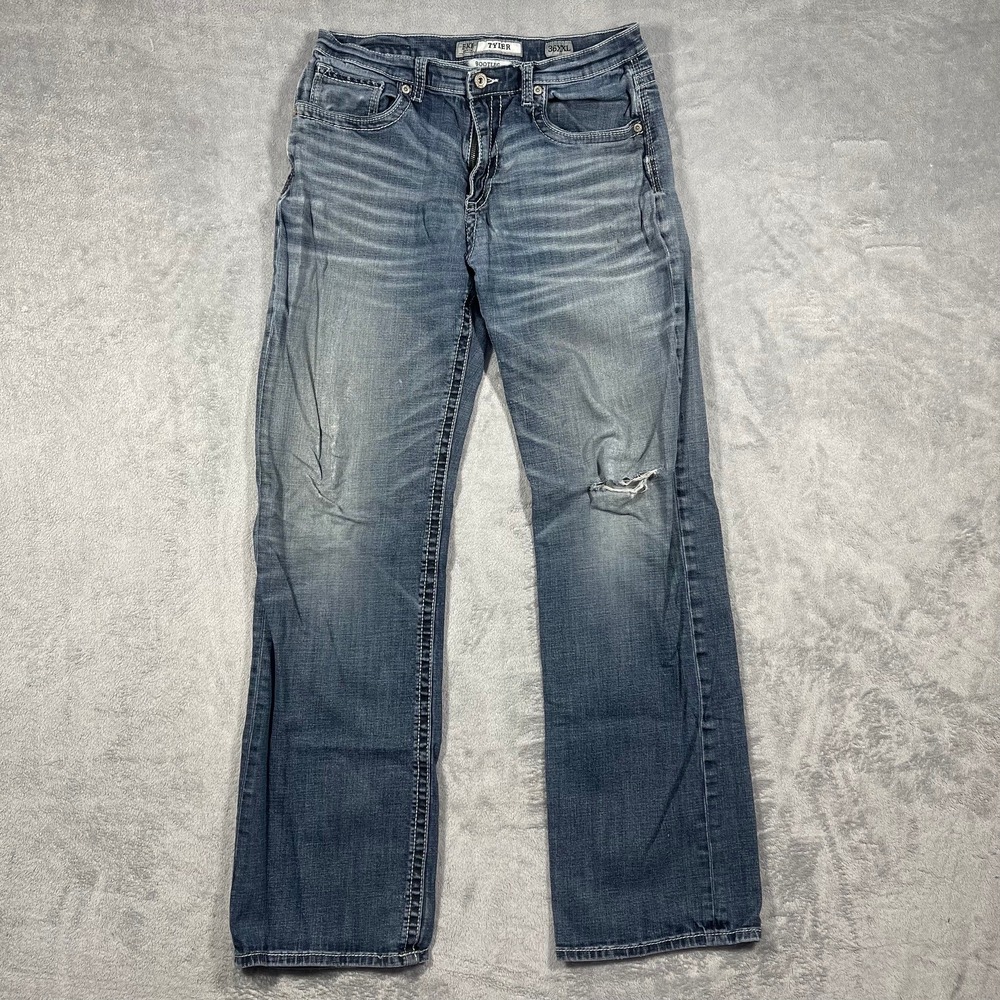 BKE Tyler Bootleg Jeans Mens 36(34)XXL Blue Distressed Heavy Stitch Denim‎